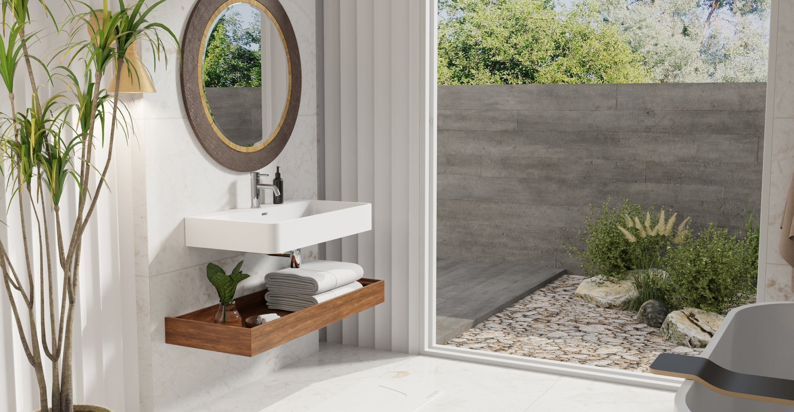 Badeloft WT-01-L glossy white wall mounted sink, lifestyle view 2