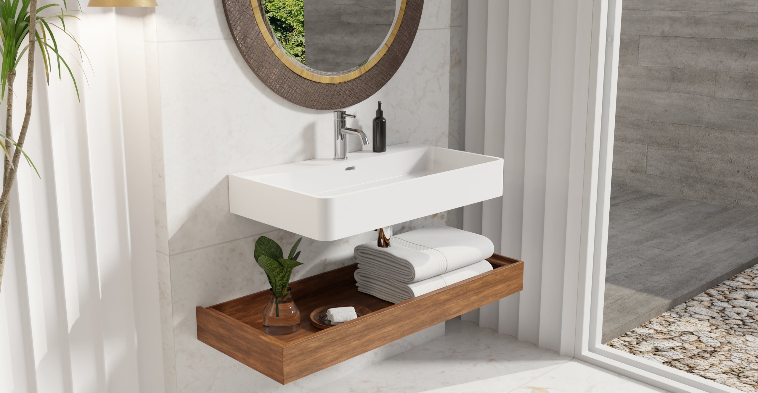 Badeloft WT-01-L glossy white wall mounted sink, lifestyle view 3