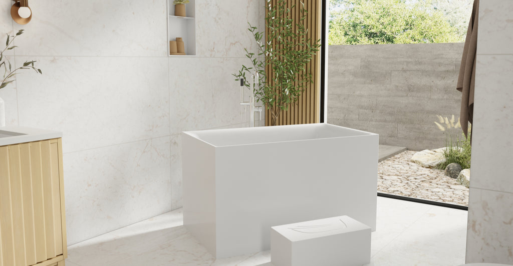Badeloft BW-06-S glossy white freestanding bathtub, lifestyle view 3