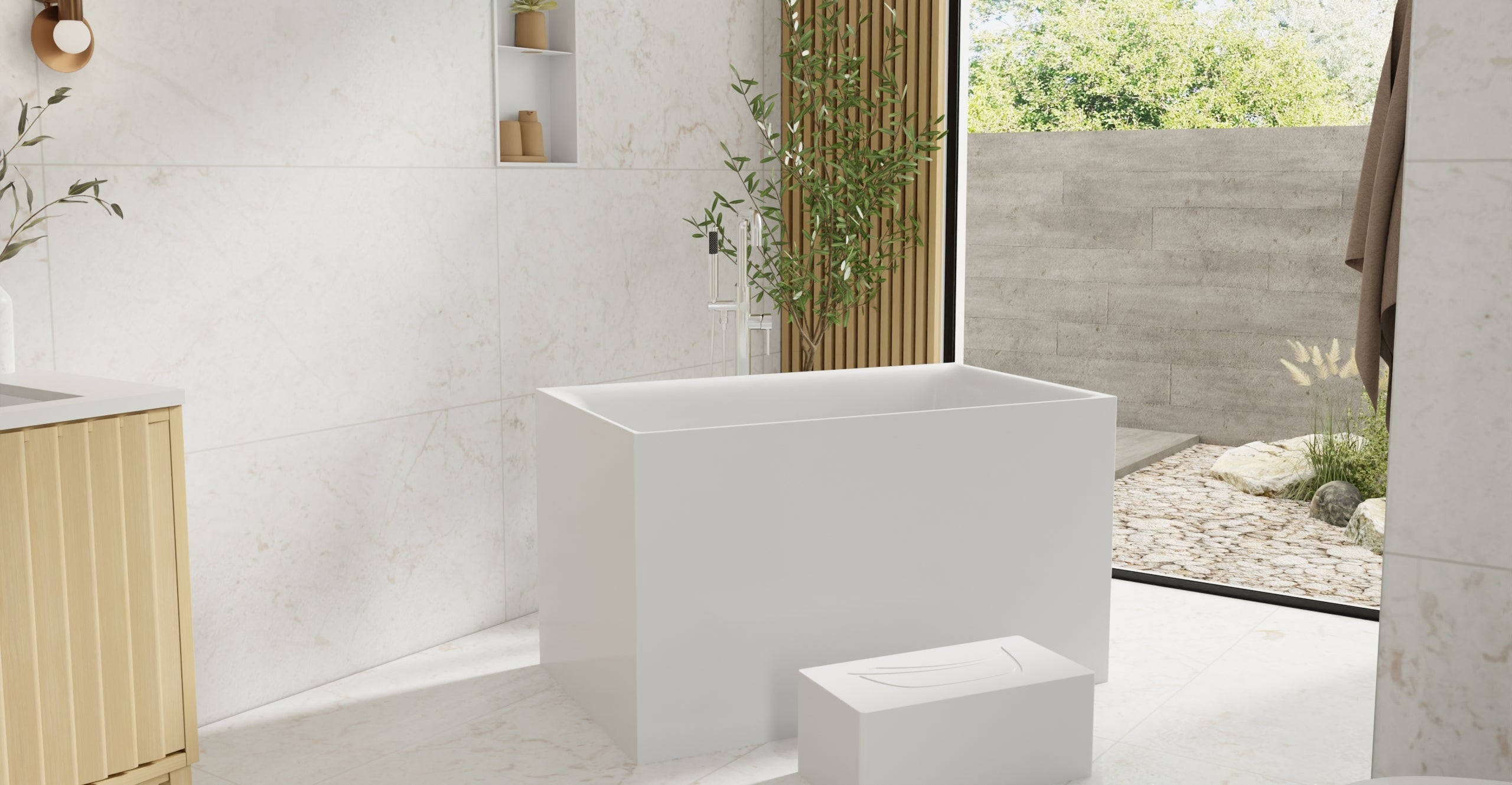 Badeloft BW-06-S glossy white freestanding bathtub, lifestyle view 3