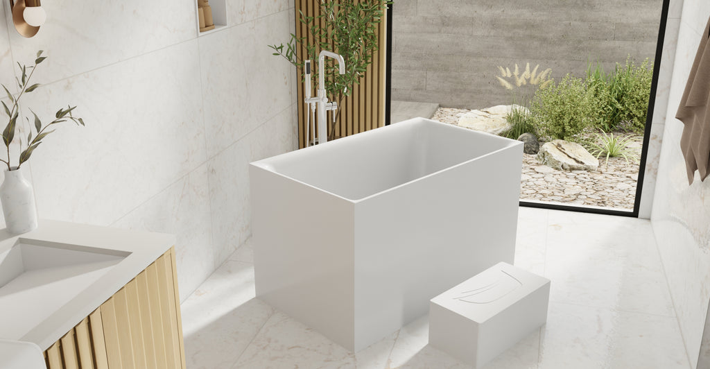 Badeloft BW-06-S glossy white freestanding bathtub, lifestyle view 4