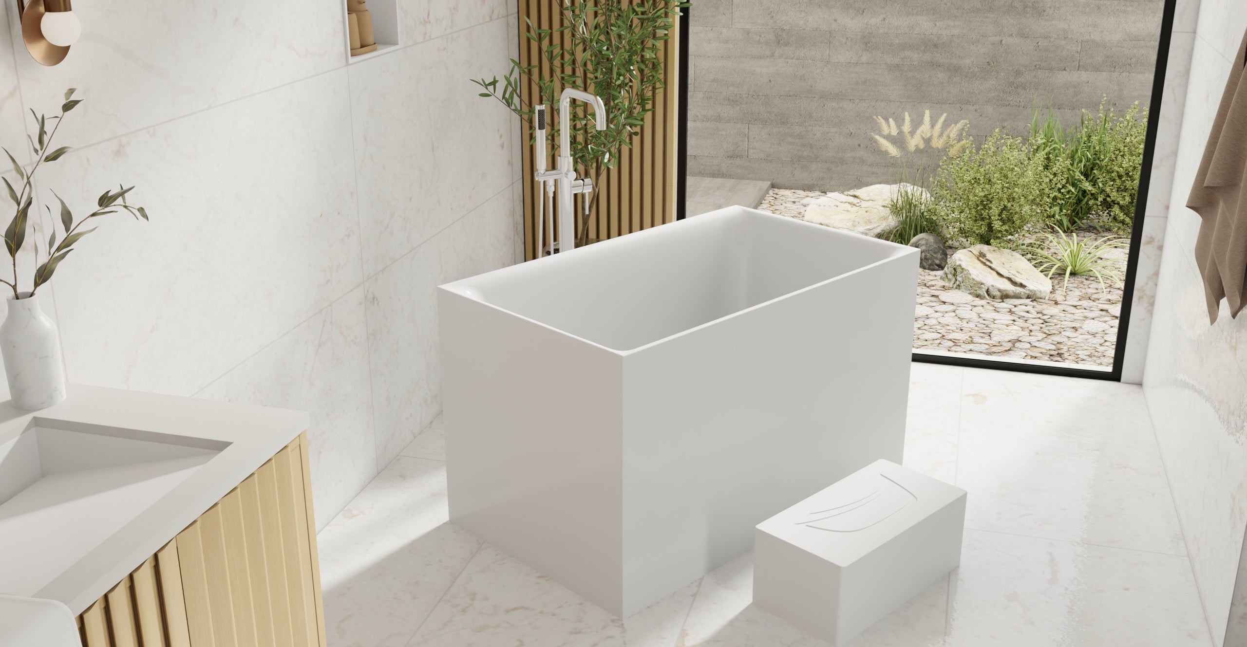 Badeloft BW-06-S glossy white freestanding bathtub, lifestyle view 4