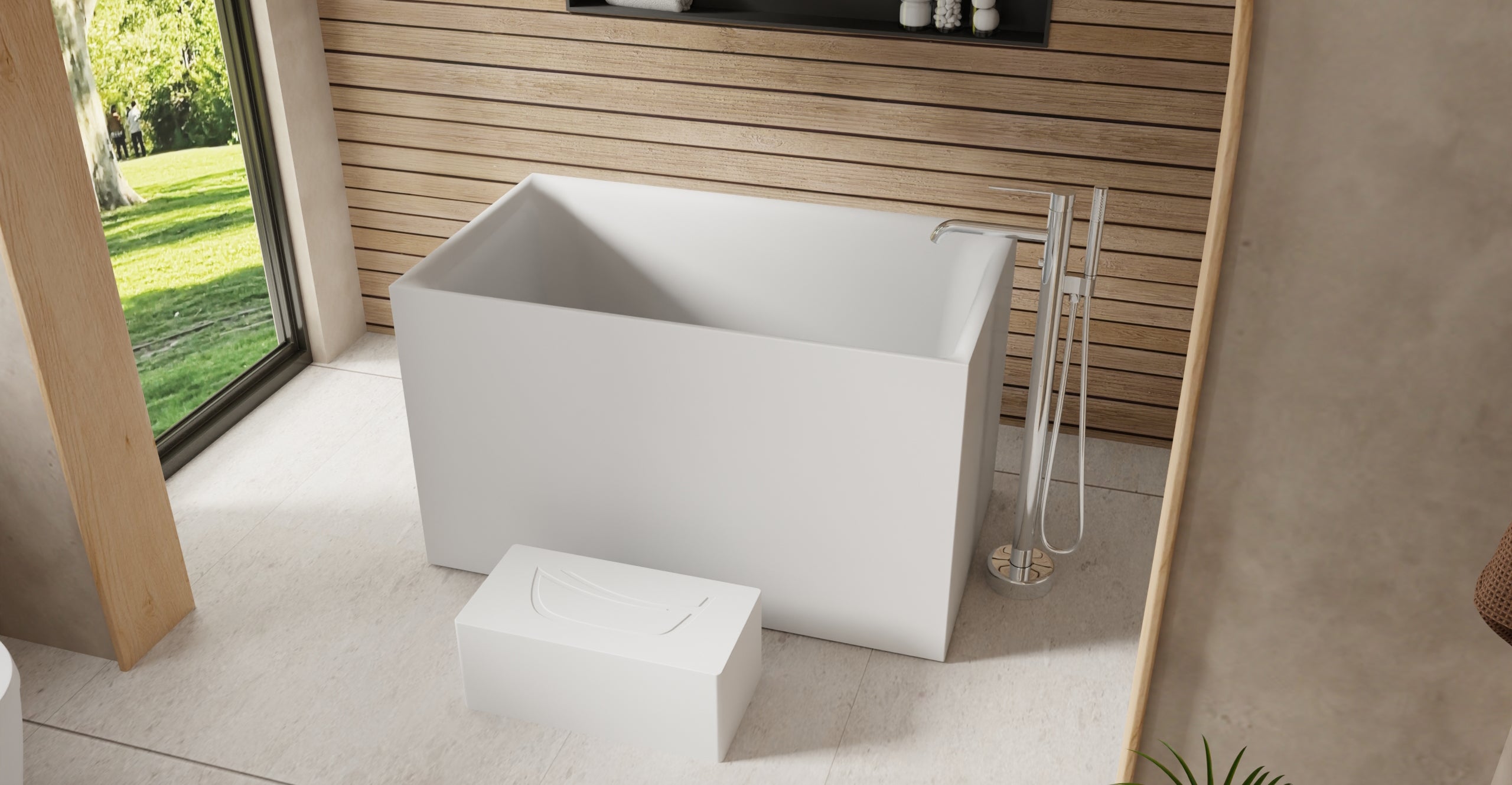 Badeloft BW-06-S glossy white freestanding bathtub, lifestyle view 1