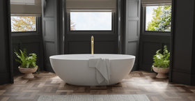 Badeloft BW-10-XL glossy white freestanding bathtub, lifestyle view 2