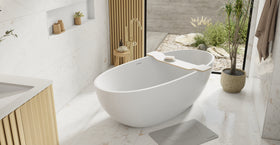 Badeloft BW-10-XL glossy white freestanding bathtub, lifestyle view 8