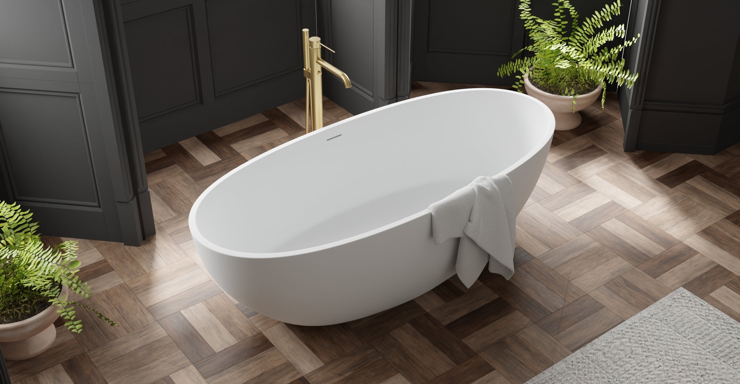 Badeloft BW-10-XL glossy white freestanding bathtub, lifestyle view 10