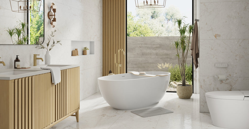 Badeloft BW-10-XL glossy white freestanding bathtub, lifestyle view 6