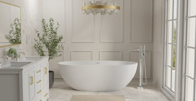 Badeloft BW-10-L glossy white freestanding bathtub, lifestyle view 1