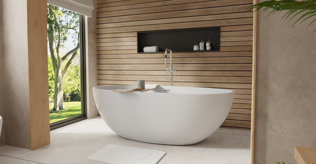 Badeloft BW-10-L glossy white freestanding bathtub, lifestyle view 4