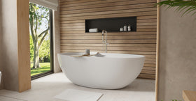 Badeloft BW-10-L glossy white freestanding bathtub, lifestyle view 4