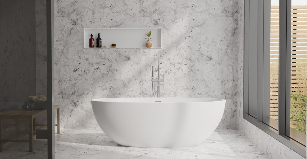 Badeloft BW-10-L glossy white freestanding bathtub, lifestyle view 2
