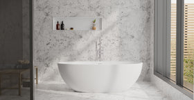 Badeloft BW-10-L glossy white freestanding bathtub, lifestyle view 2