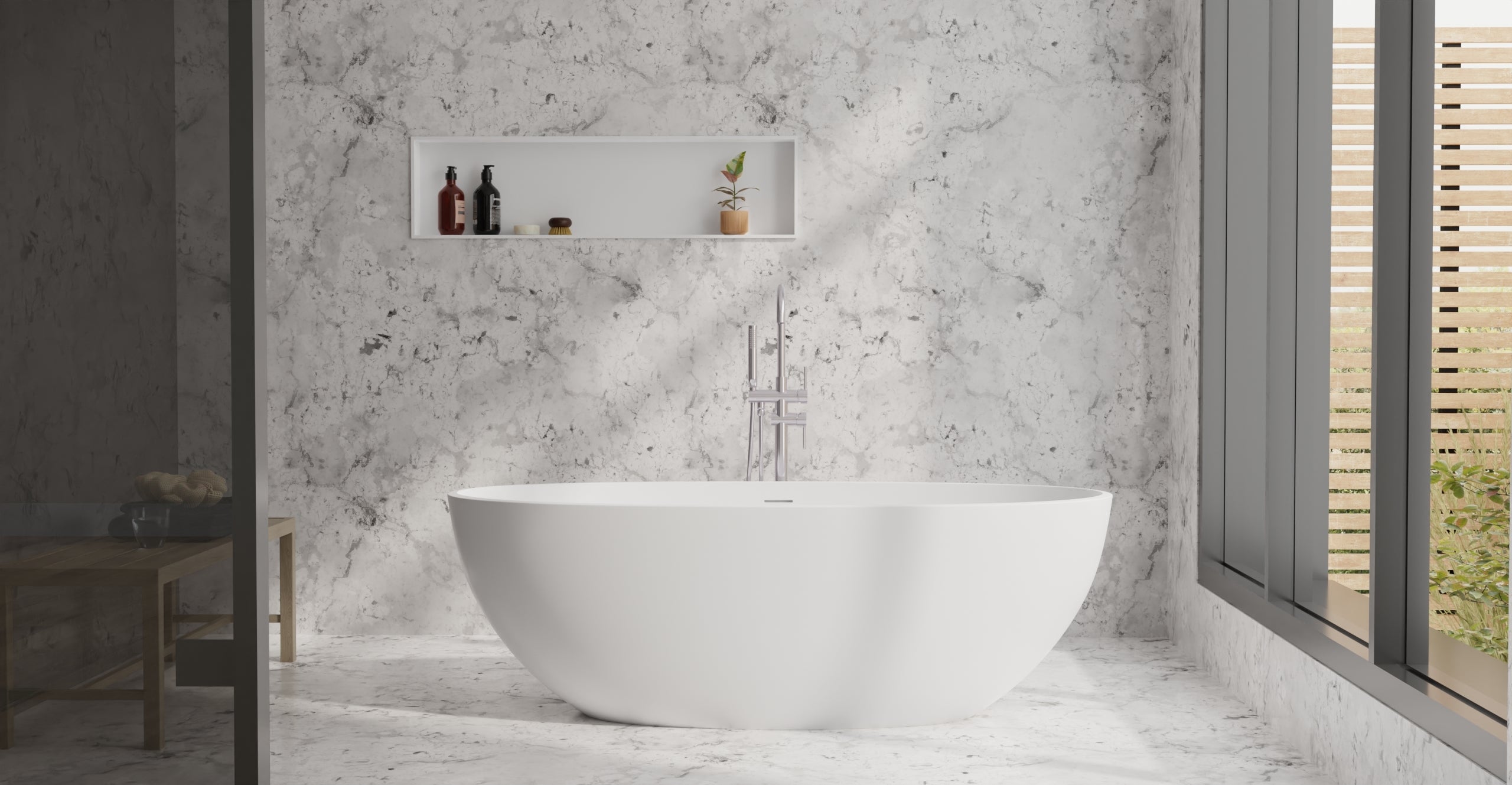 Badeloft BW-10-L glossy white freestanding bathtub, lifestyle view 2