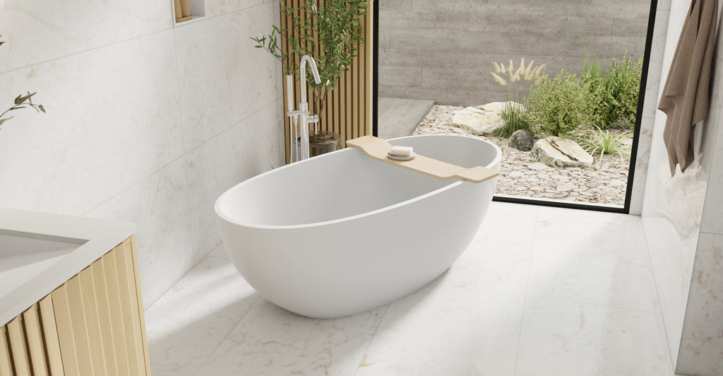 Badeloft BW-10-L glossy white freestanding bathtub, lifestyle view 8