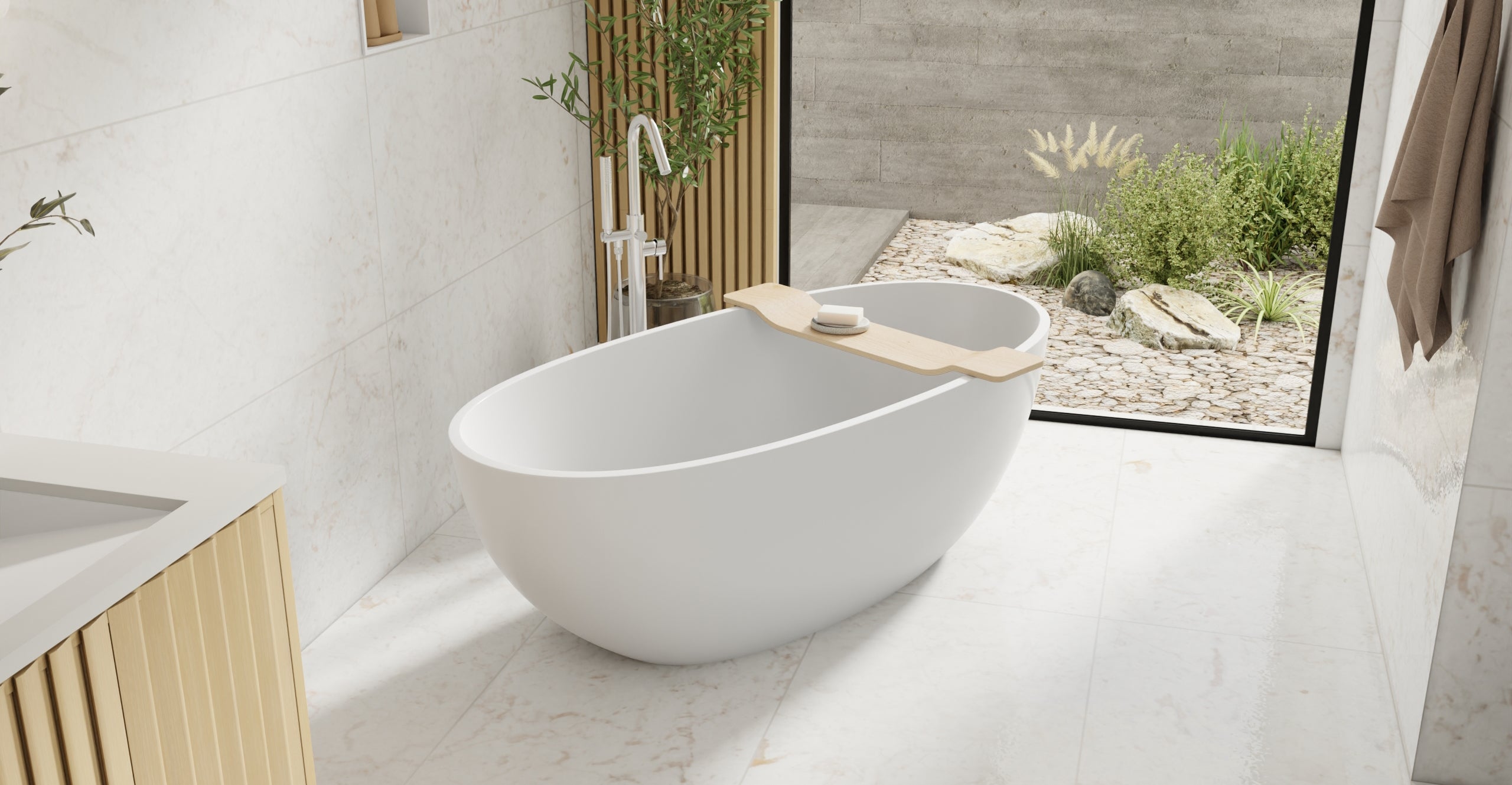 Badeloft BW-10-L glossy white freestanding bathtub, lifestyle view 8