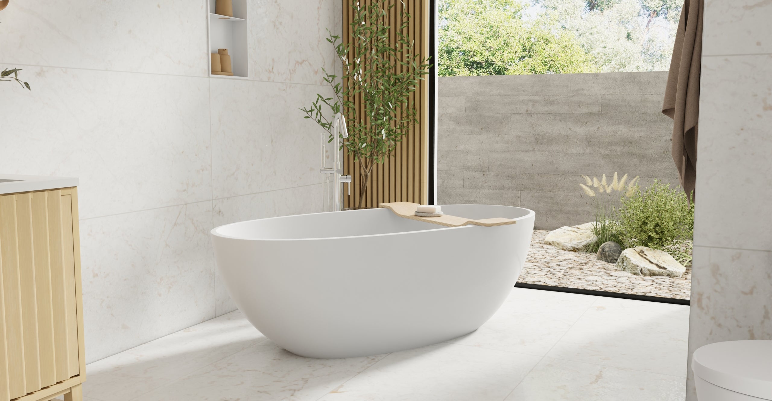 Badeloft BW-10-L glossy white freestanding bathtub, lifestyle view 7