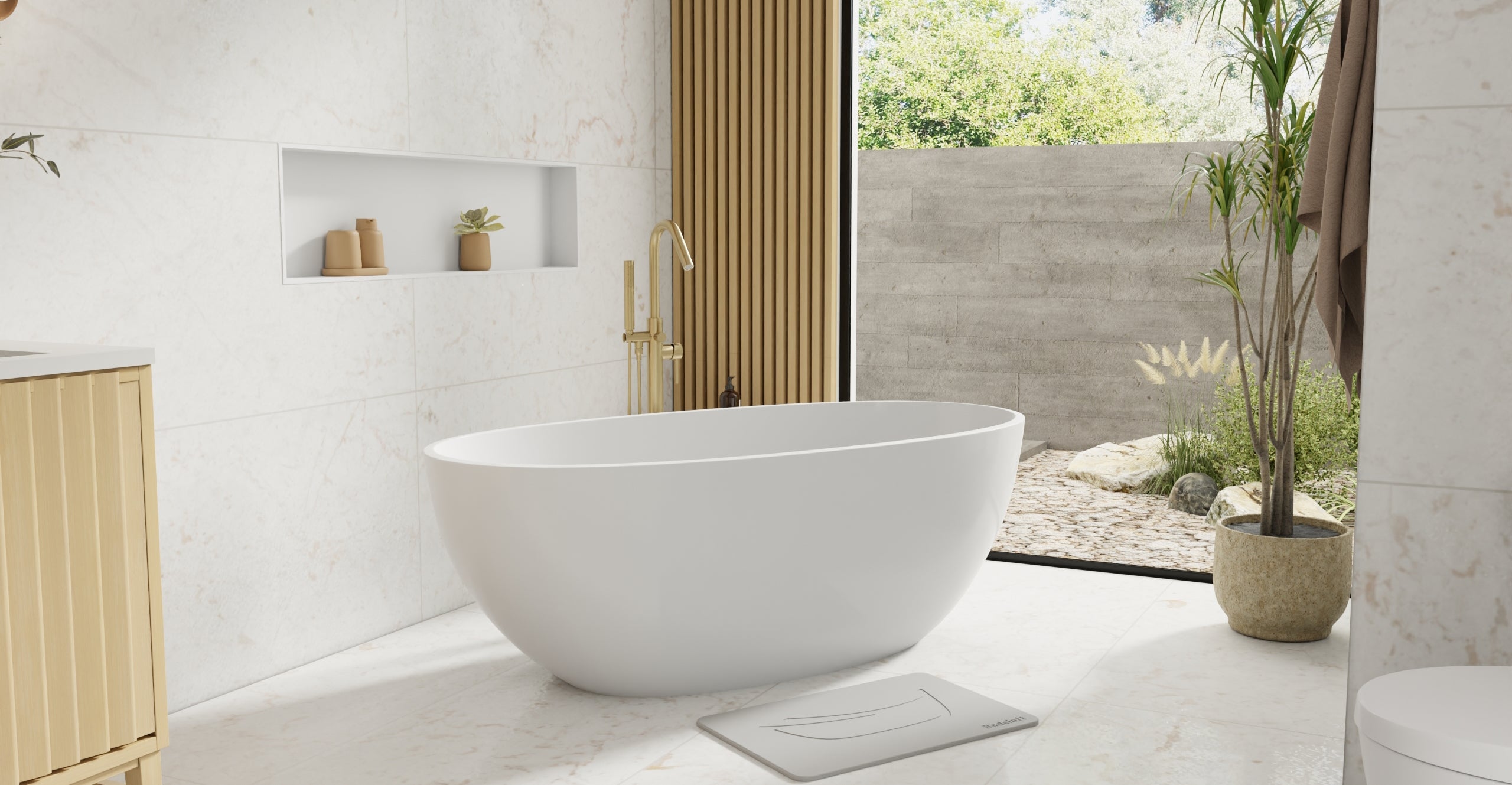 Badeloft BW-10-M glossy white freestanding bathtub, lifestyle view 7
