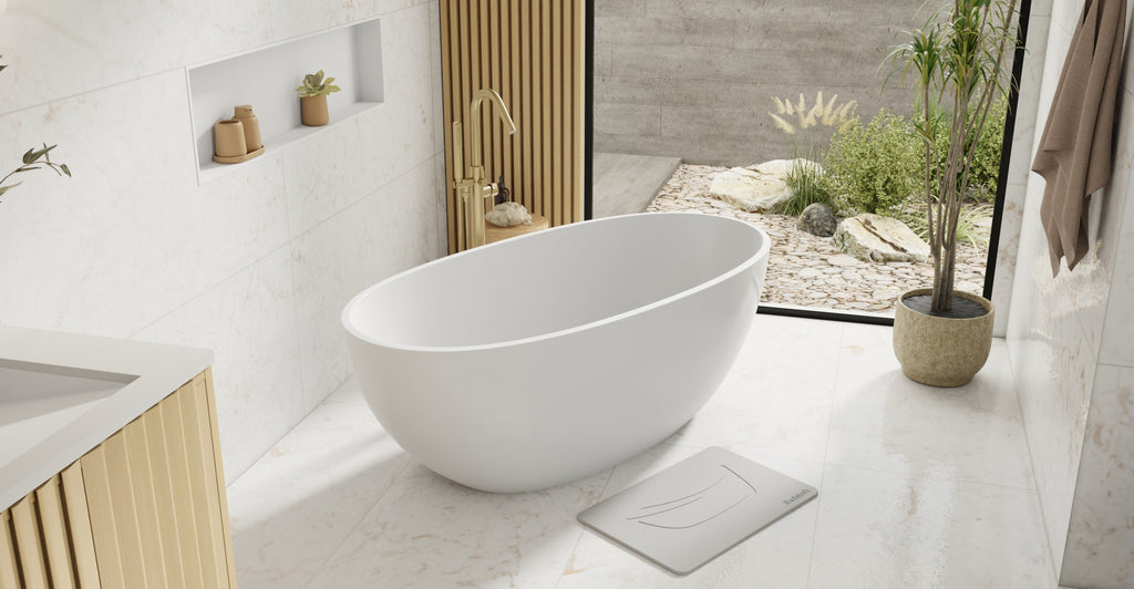 Badeloft BW-10-M glossy white freestanding bathtub, lifestyle view 8
