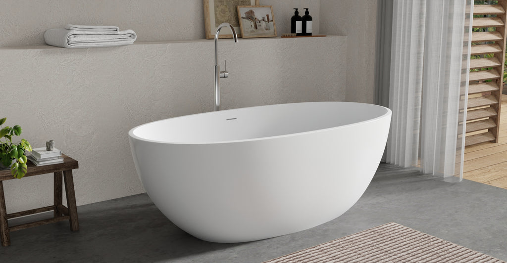 Badeloft BW-10-M glossy white freestanding bathtub, lifestyle view 1