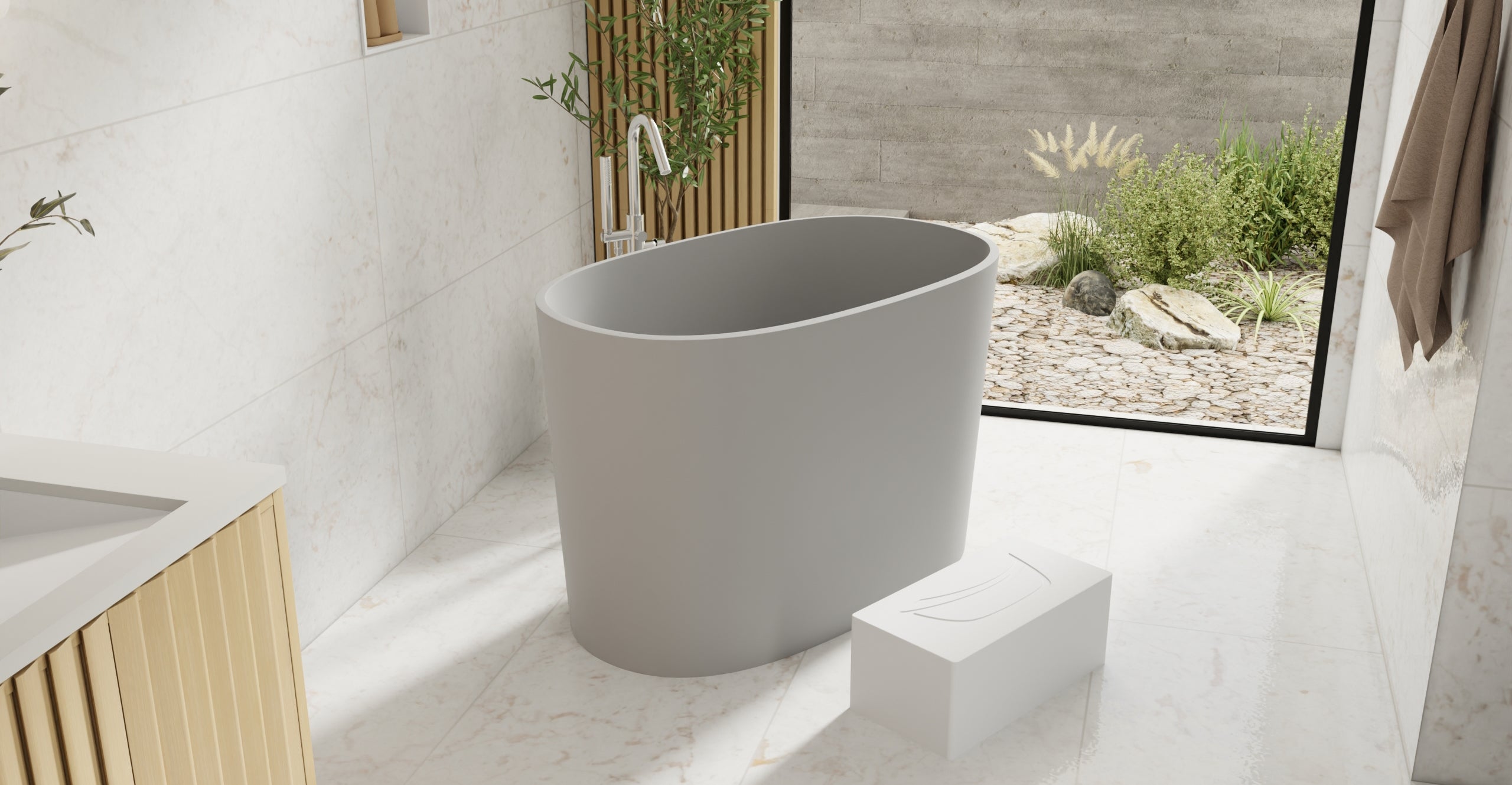 Badeloft BW-08-S-GRY matte grey freestanding bathtub, lifestyle view 6