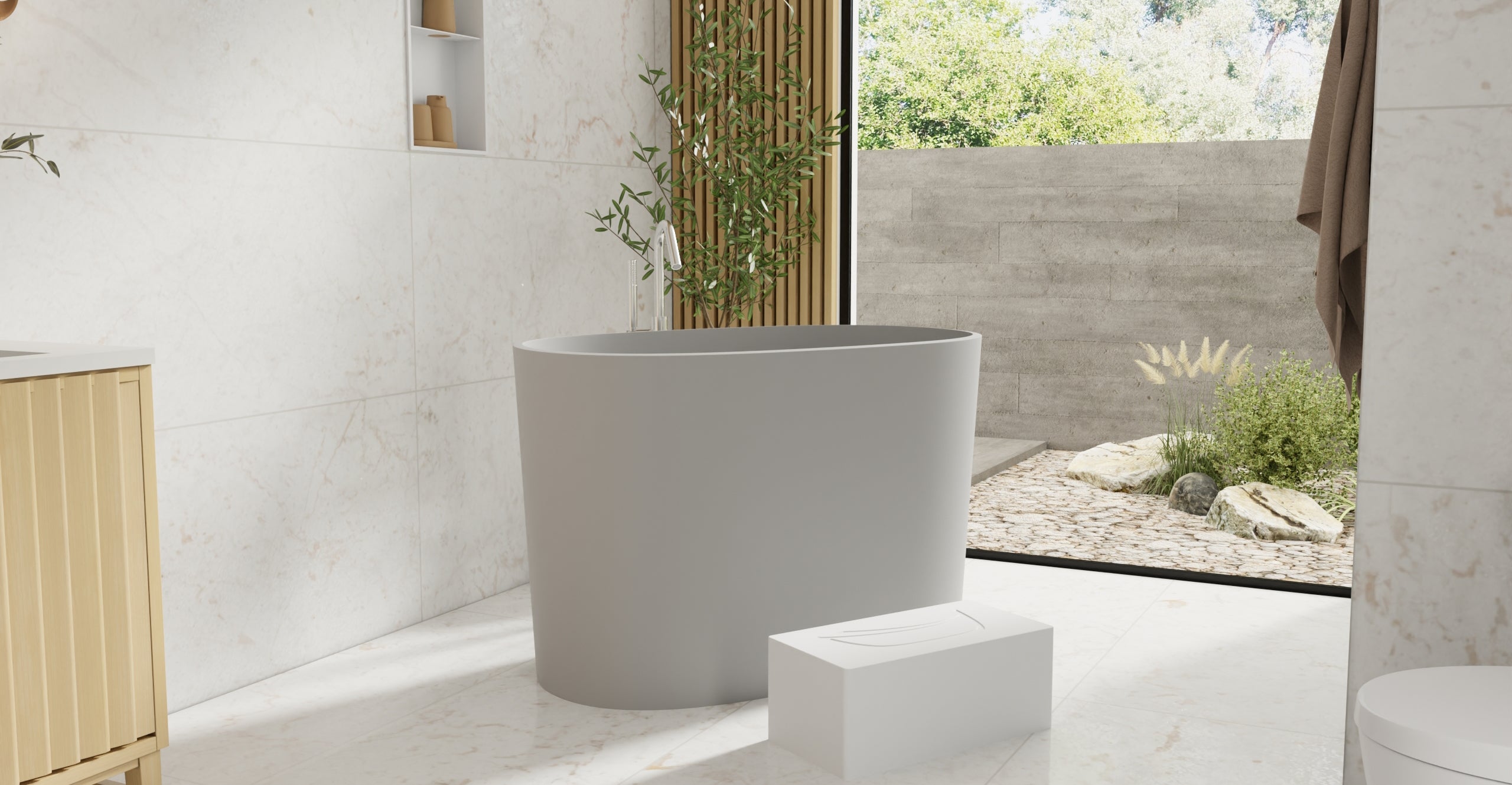 Badeloft BW-08-S-GRY matte grey freestanding bathtub, lifestyle view 5
