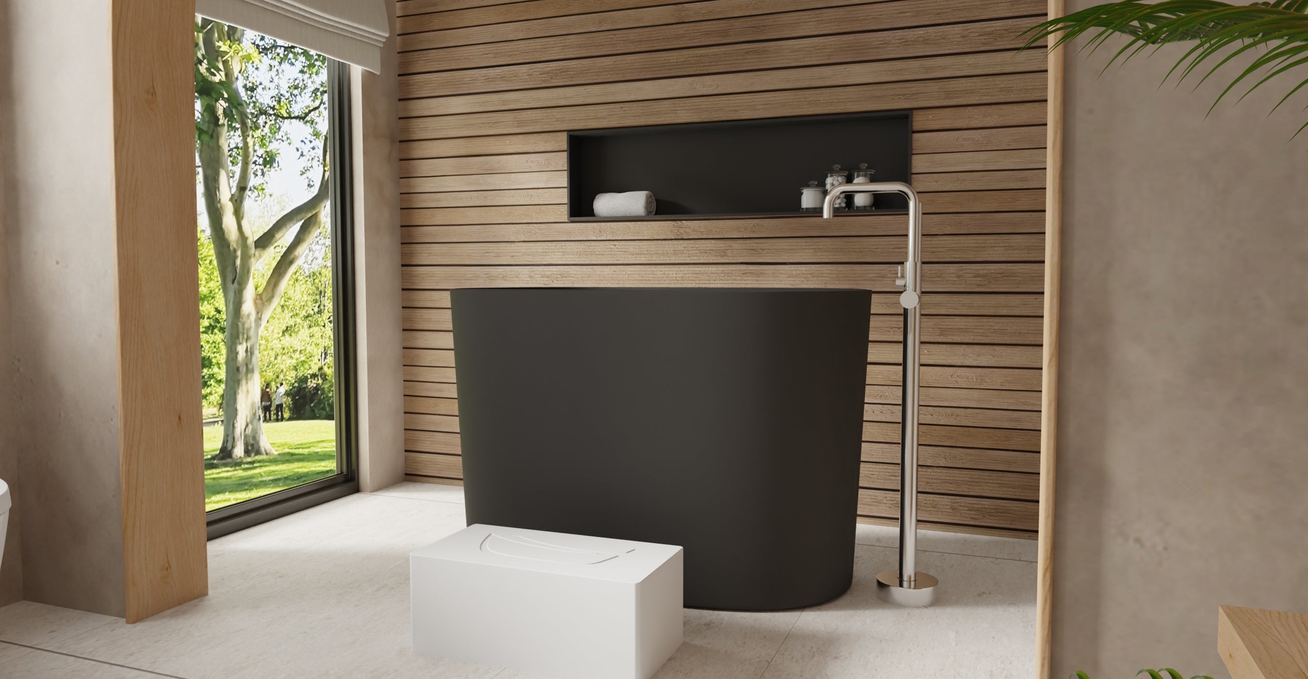 Badeloft BW-08-S-BLK matte black freestanding bathtub, lifestyle view 2