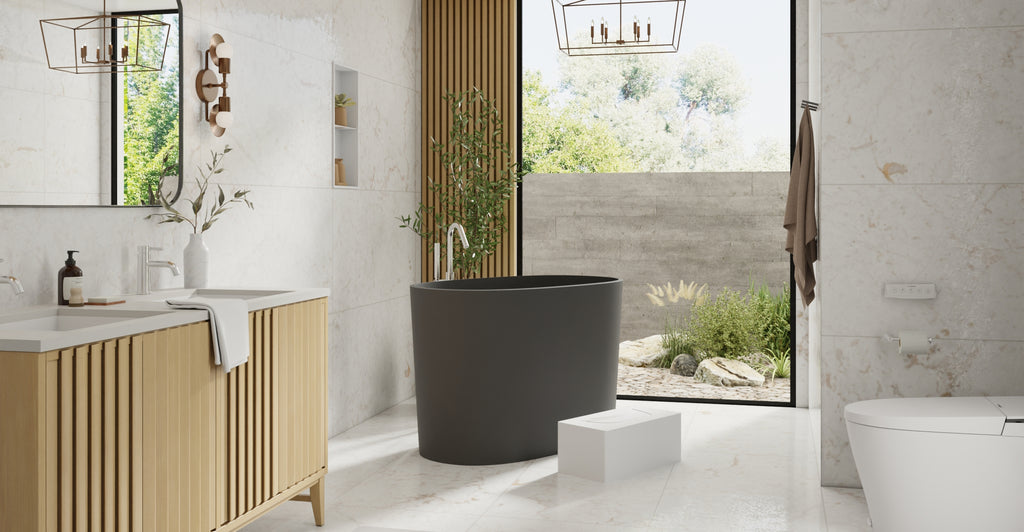 Badeloft BW-08-S-BLK matte black freestanding bathtub, lifestyle view 4