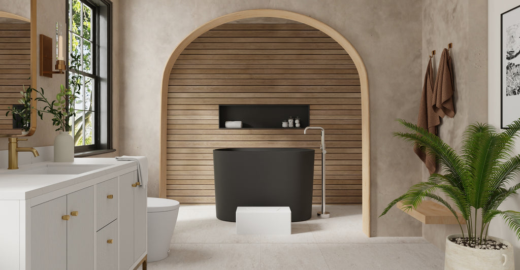 Badeloft BW-08-S-BLK matte black freestanding bathtub, lifestyle view
