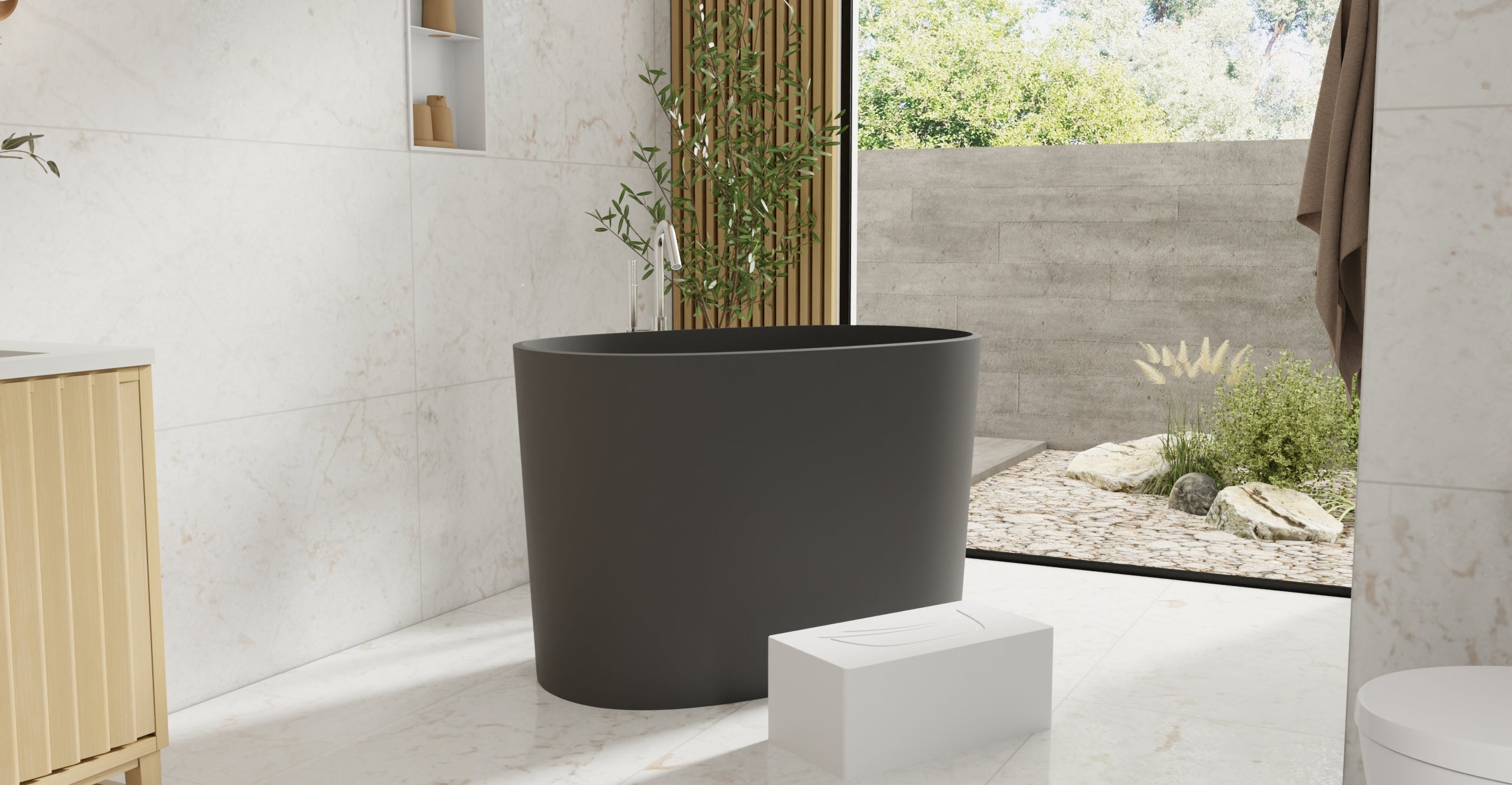 Badeloft BW-08-S-BLK matte black freestanding bathtub, lifestyle view 5
