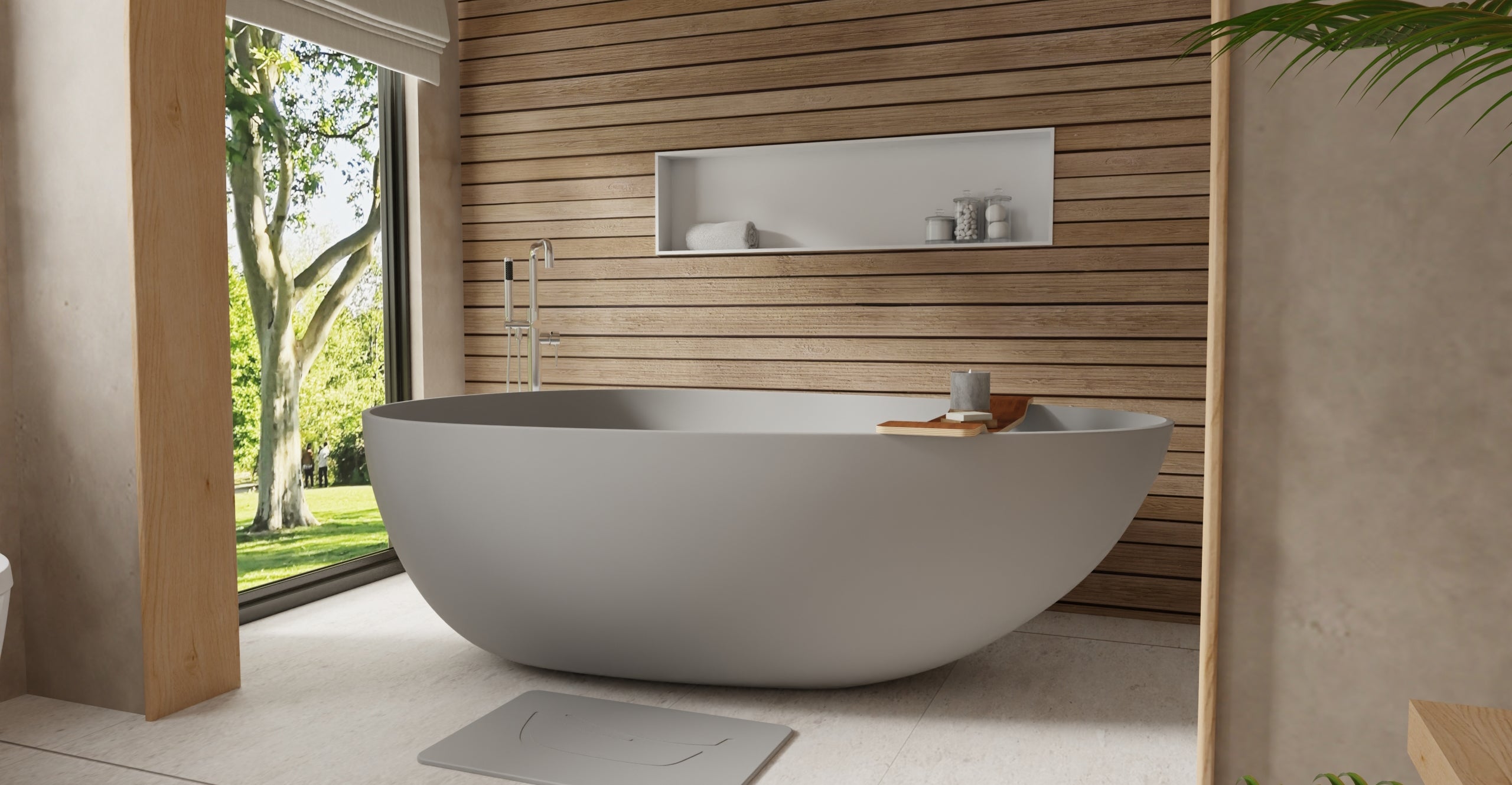 Badeloft BW-01-XXL-GRY matte grey freestanding bathtub, lifestyle view 2