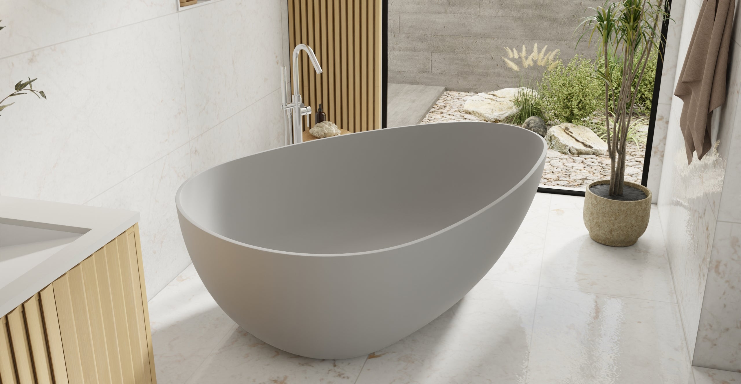 Badeloft BW-01-XXL-GRY matte grey freestanding bathtub, lifestyle view 6