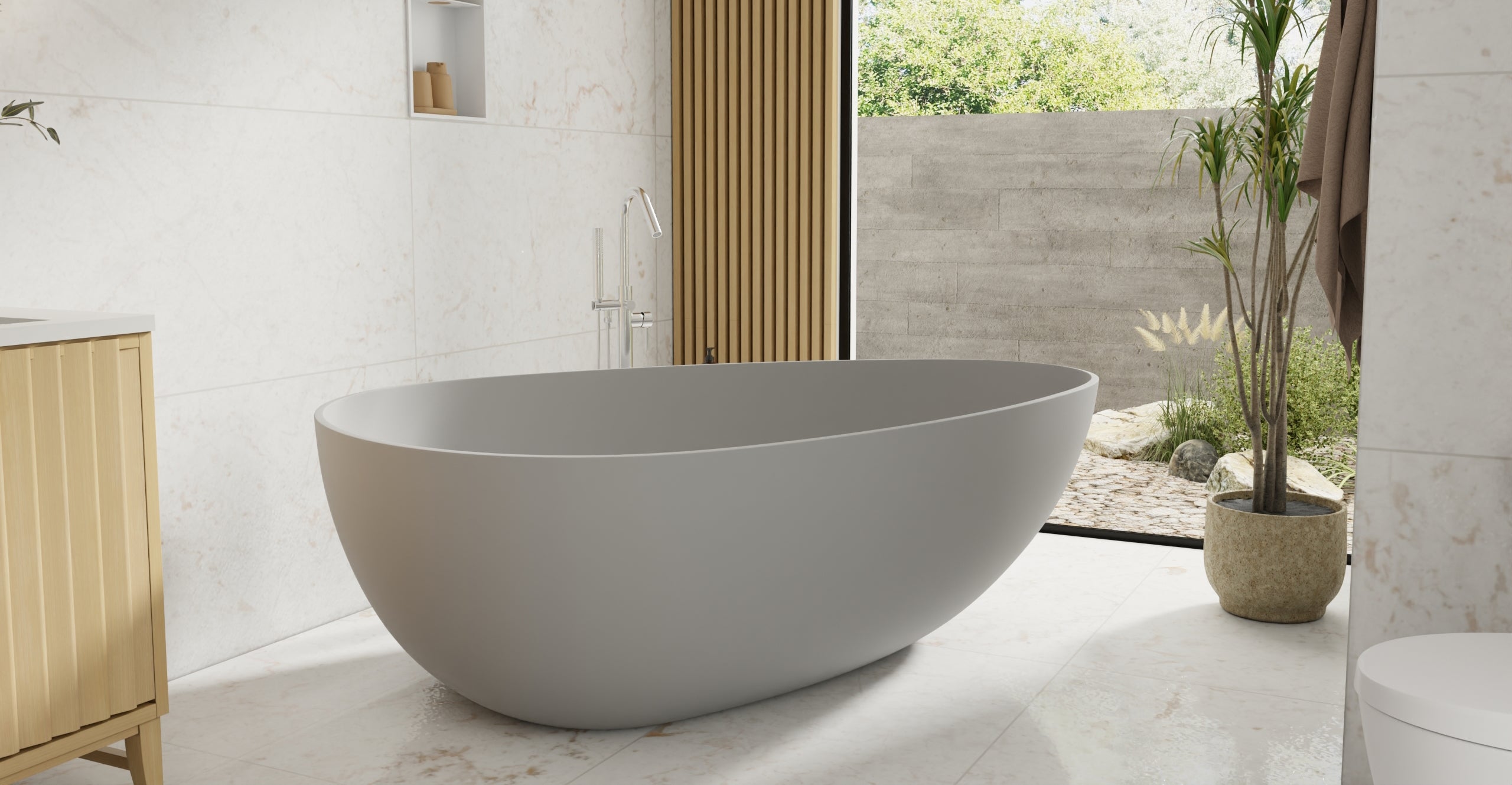 Badeloft BW-01-XXL-GRY matte grey freestanding bathtub, lifestyle view 5