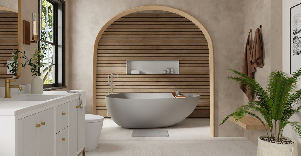 Badeloft BW-01-XXL-GRY matte grey freestanding bathtub, lifestyle view
