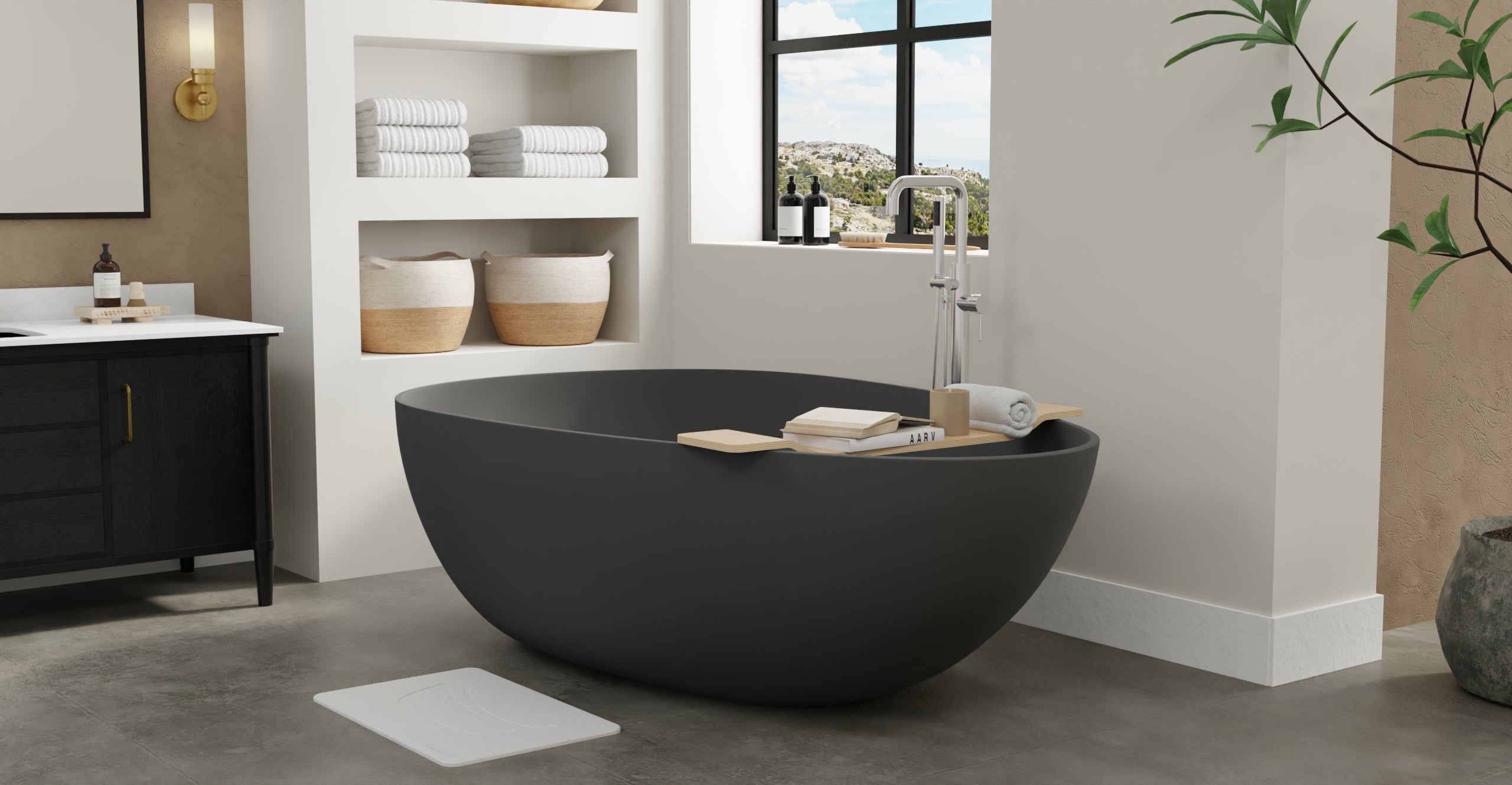 Badeloft BW-01-XXL-BLK matte black freestanding bathtub, lifestyle view 7