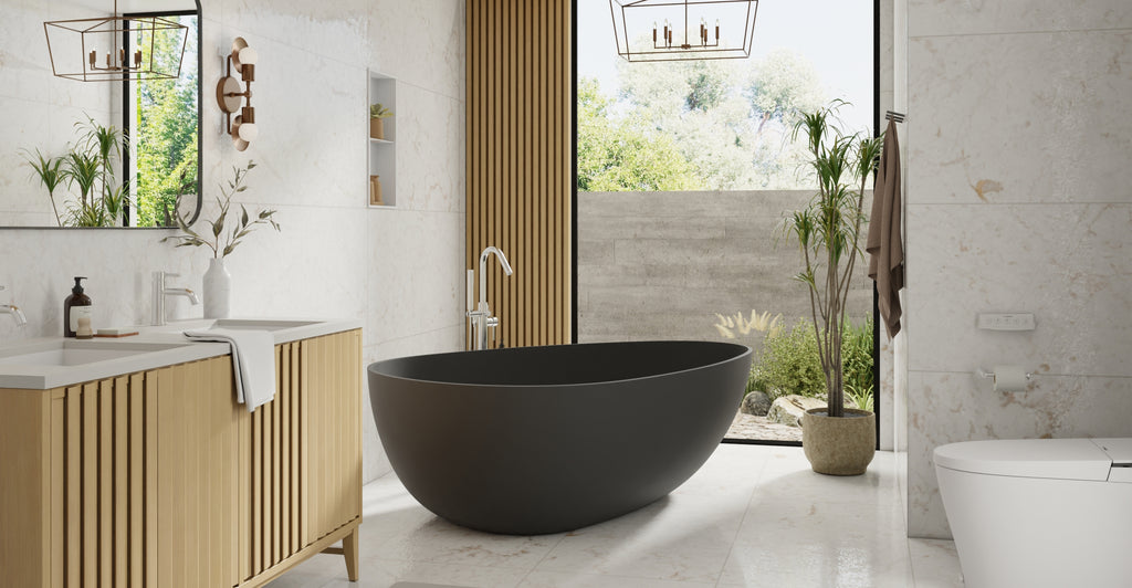 Badeloft BW-01-XXL-BLK matte black freestanding bathtub, lifestyle view 4