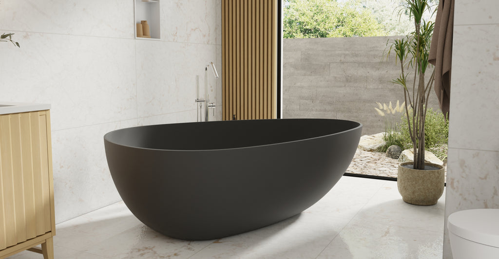 Badeloft BW-01-XXL-BLK matte black freestanding bathtub, lifestyle view 5