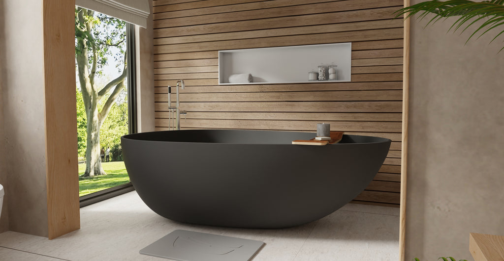 Badeloft BW-01-XXL-BLK matte black freestanding bathtub, lifestyle view 2
