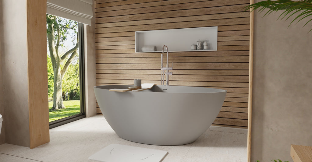 Badeloft BW-05-L-GRY matte grey freestanding bathtub, lifestyle view 2