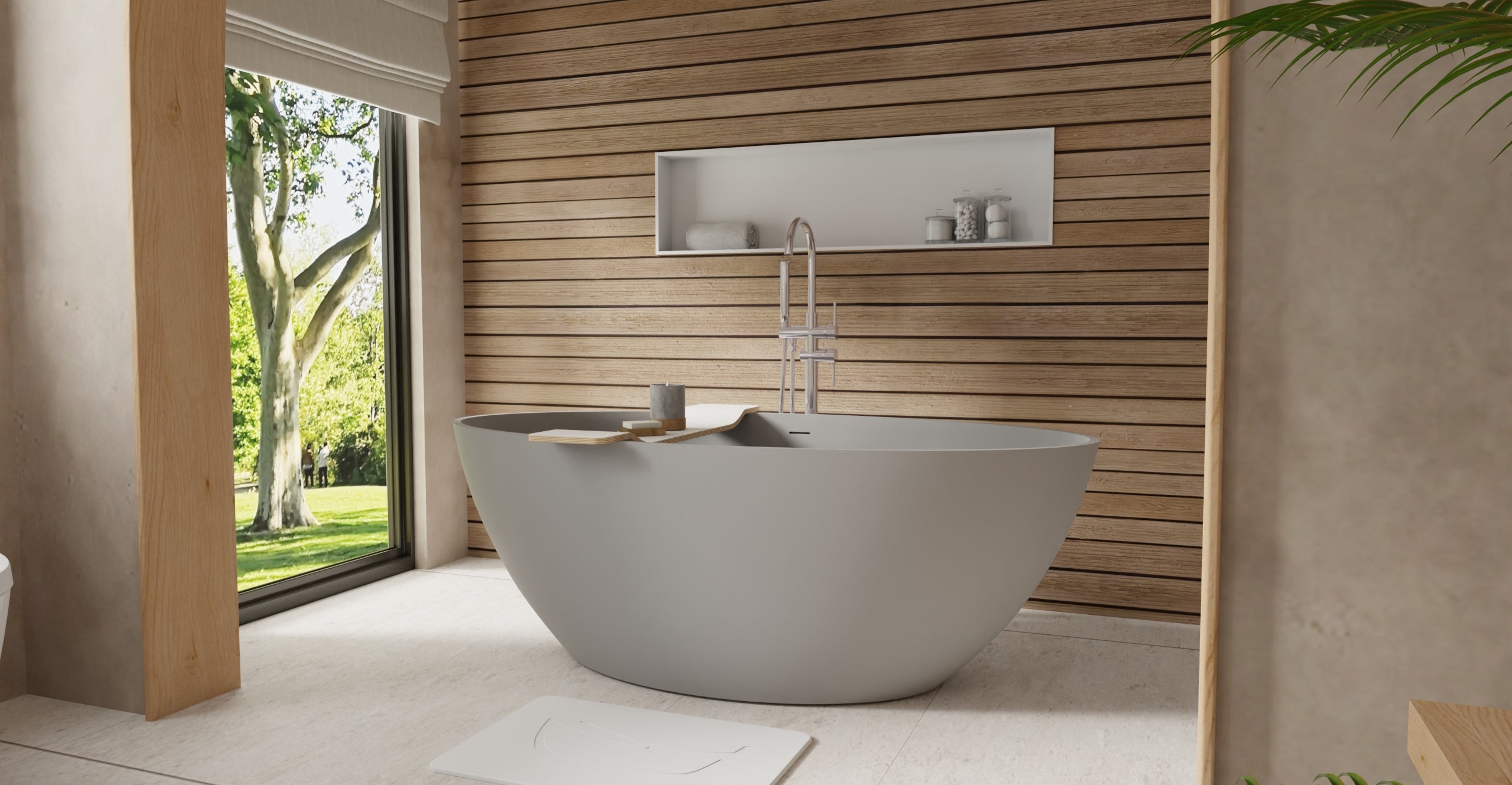 Badeloft BW-05-L-GRY matte grey freestanding bathtub, lifestyle view 2