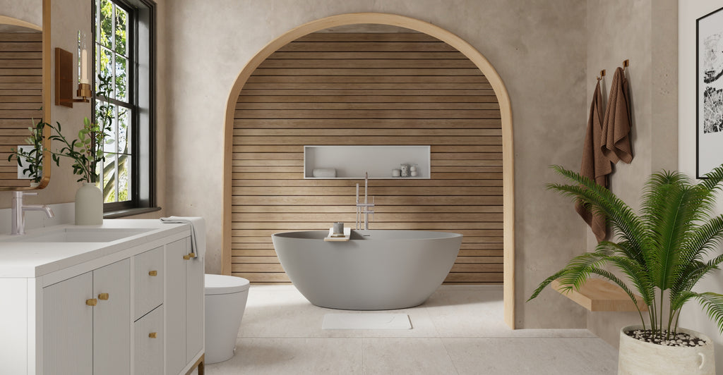 Badeloft BW-05-L-GRY matte grey freestanding bathtub, lifestyle view