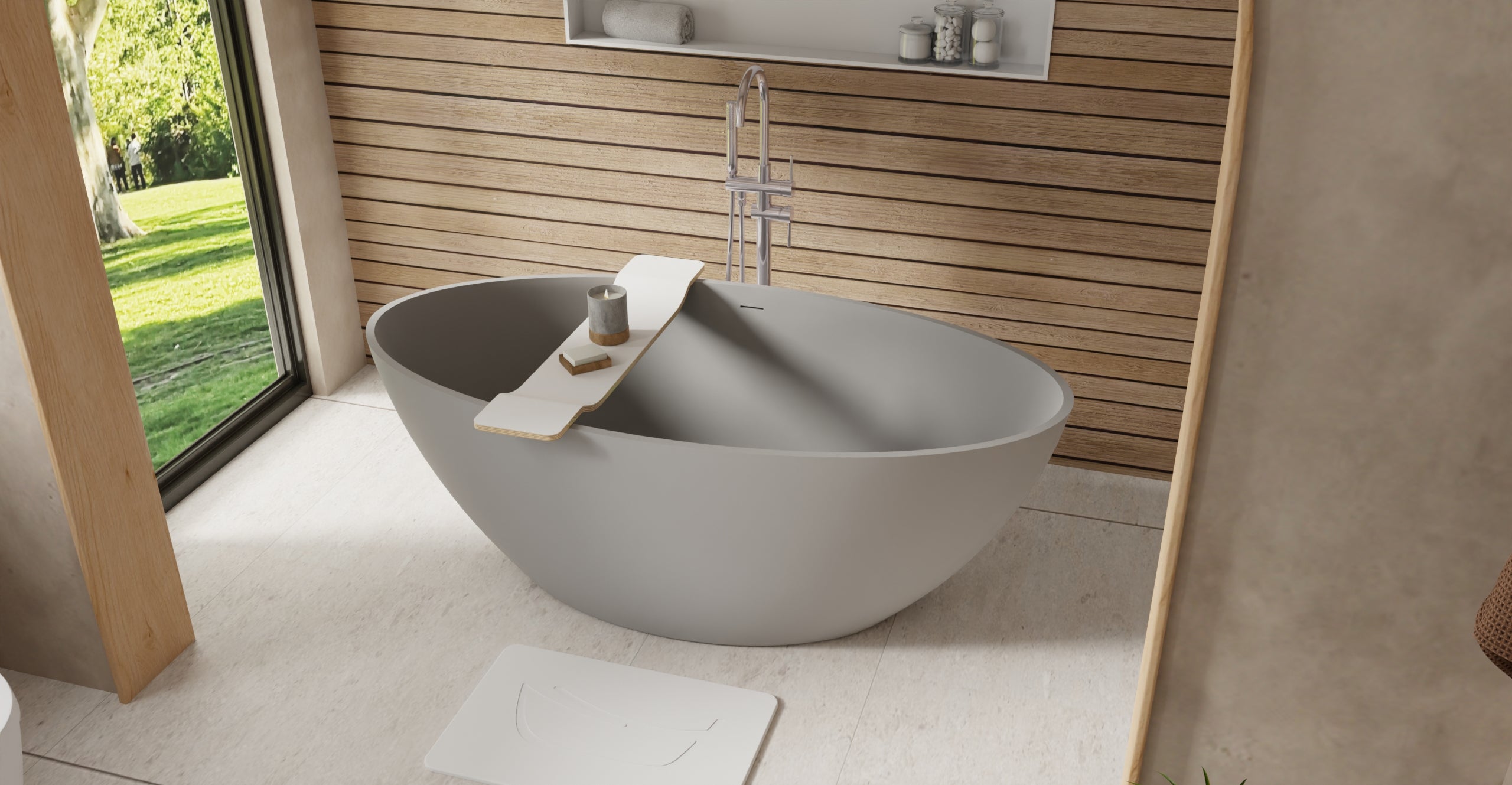 Badeloft BW-05-L-GRY matte grey freestanding bathtub, lifestyle view 3