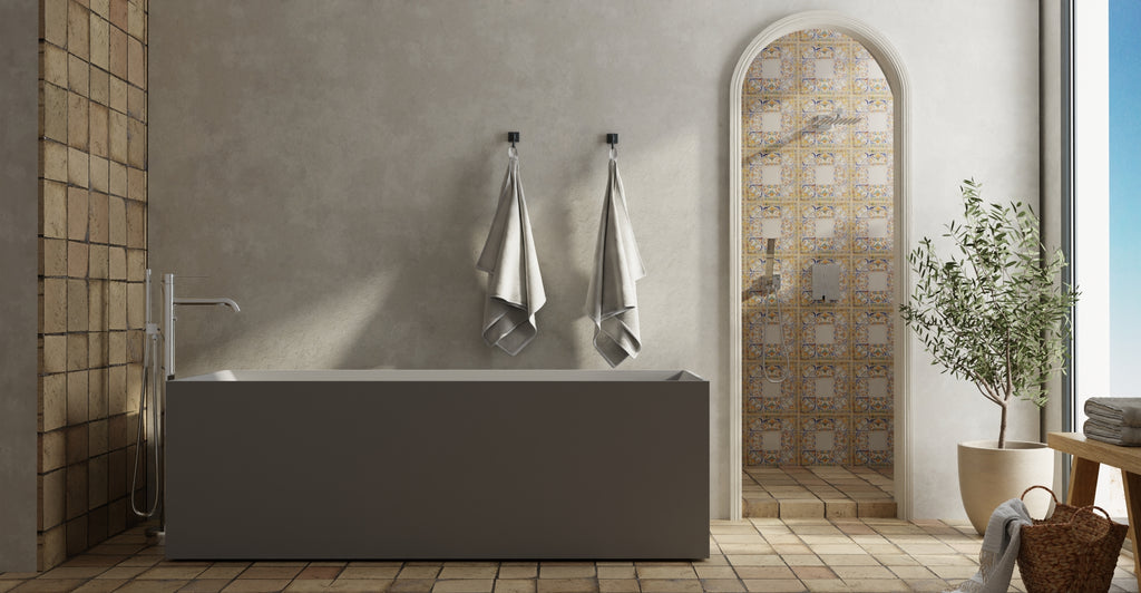 Badeloft BW-07-GRY matte grey freestanding bathtub, lifestyle view 7