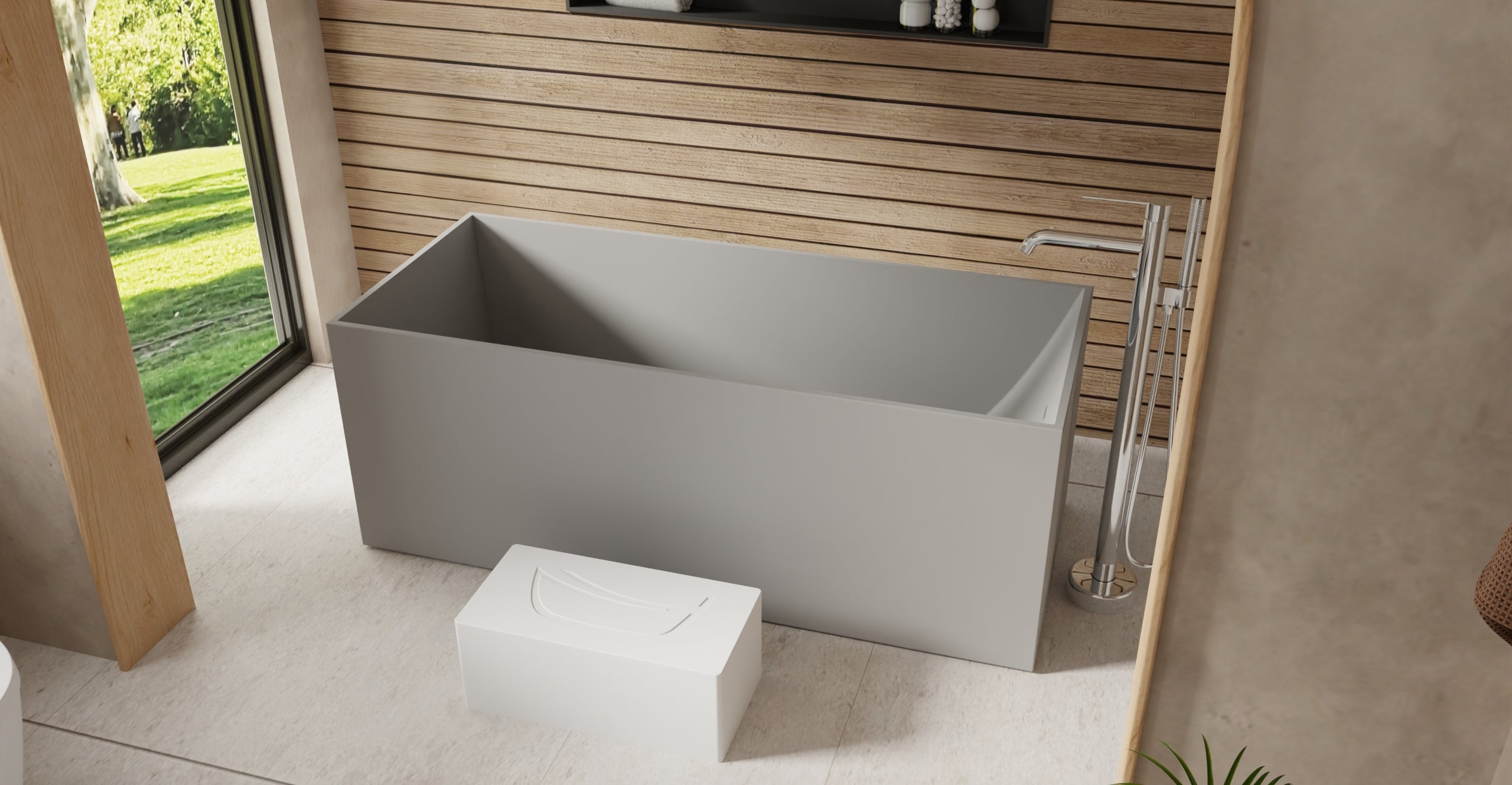 Badeloft BW-06-L-GRY matte grey freestanding bathtub, lifestyle view 3