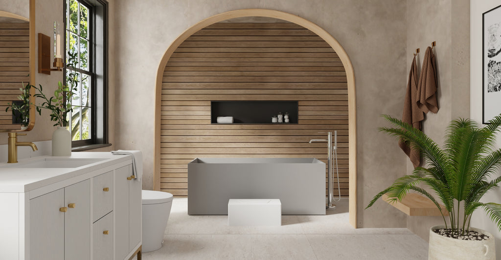 Badeloft BW-06-L-GRY matte grey freestanding bathtub, lifestyle view