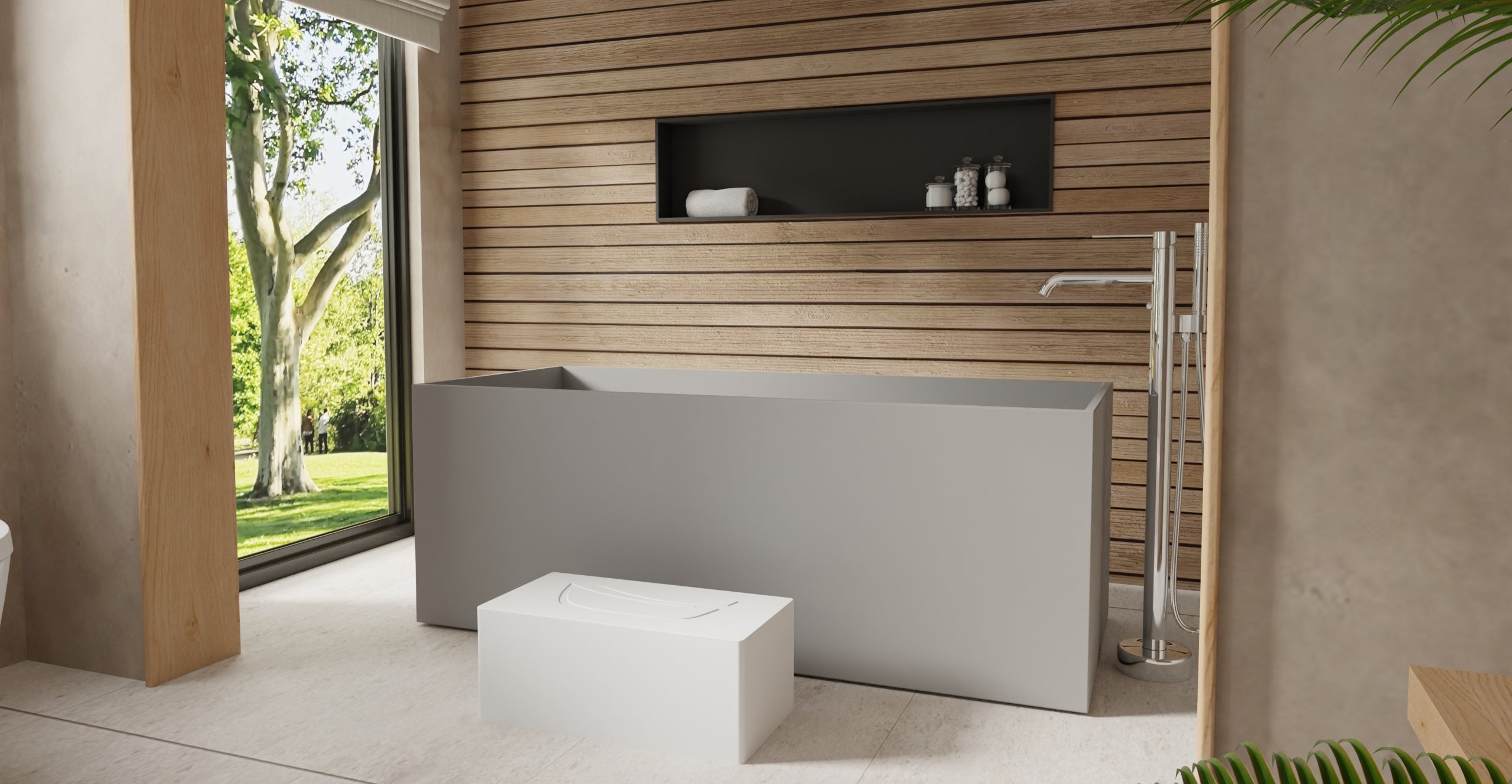 Badeloft BW-06-L-GRY matte grey freestanding bathtub, lifestyle view 2