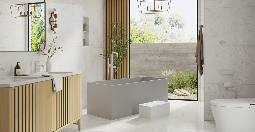 Badeloft BW-06-L-GRY matte grey freestanding bathtub, lifestyle view 4