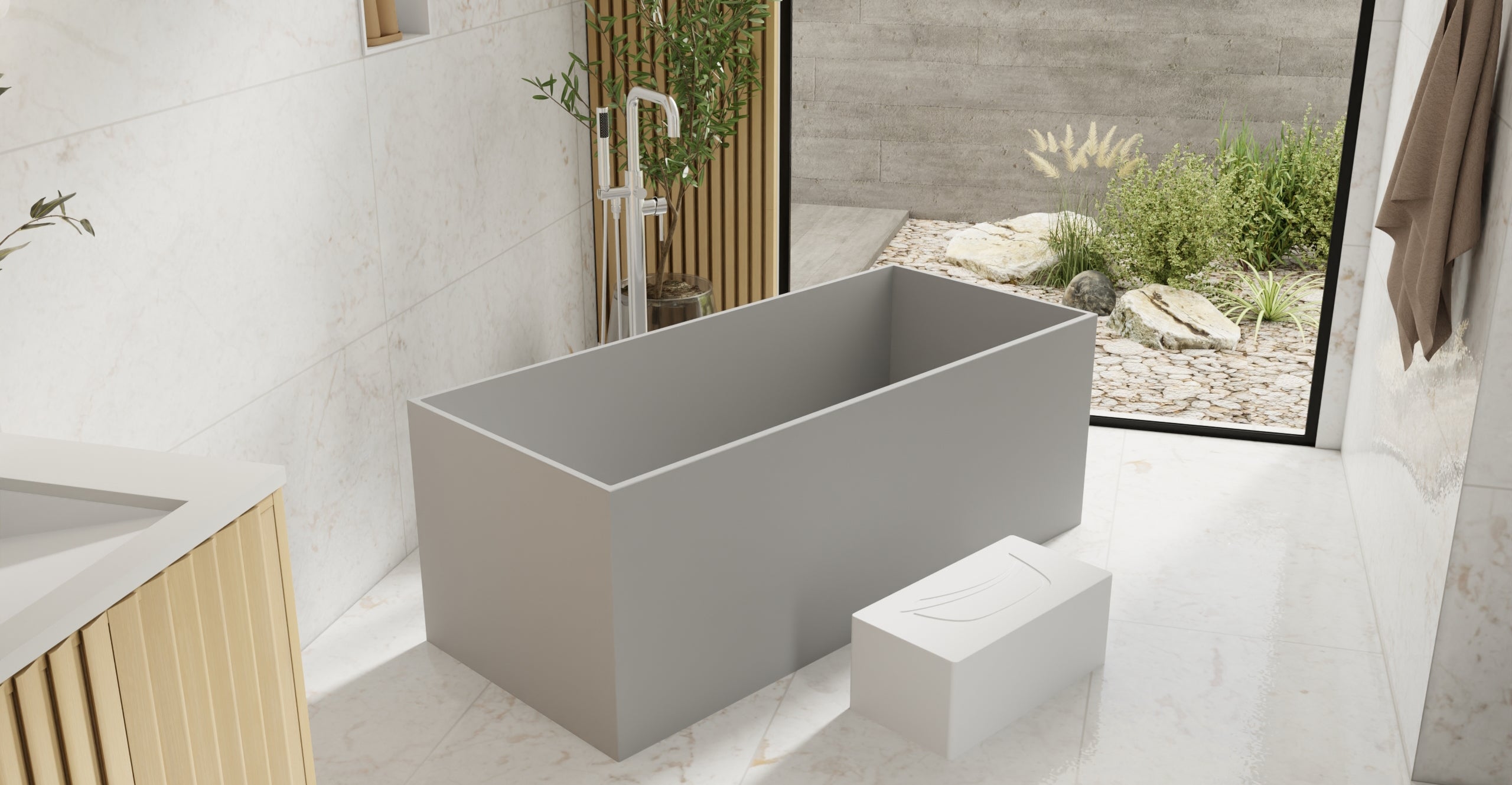 Badeloft BW-06-L-GRY matte grey freestanding bathtub, lifestyle view 6