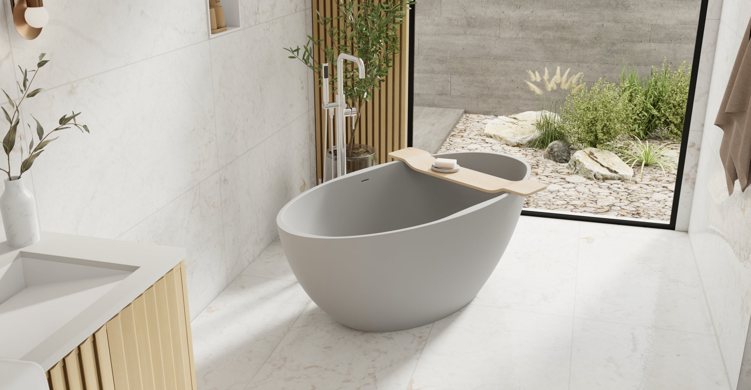 Badeloft BW-04-L-GRY matte grey freestanding bathtub, lifestyle view 6