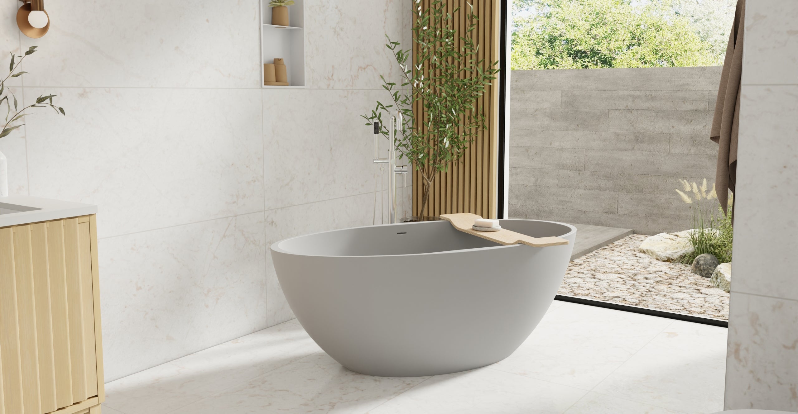 Badeloft BW-04-L-GRY matte grey freestanding bathtub, lifestyle view 5