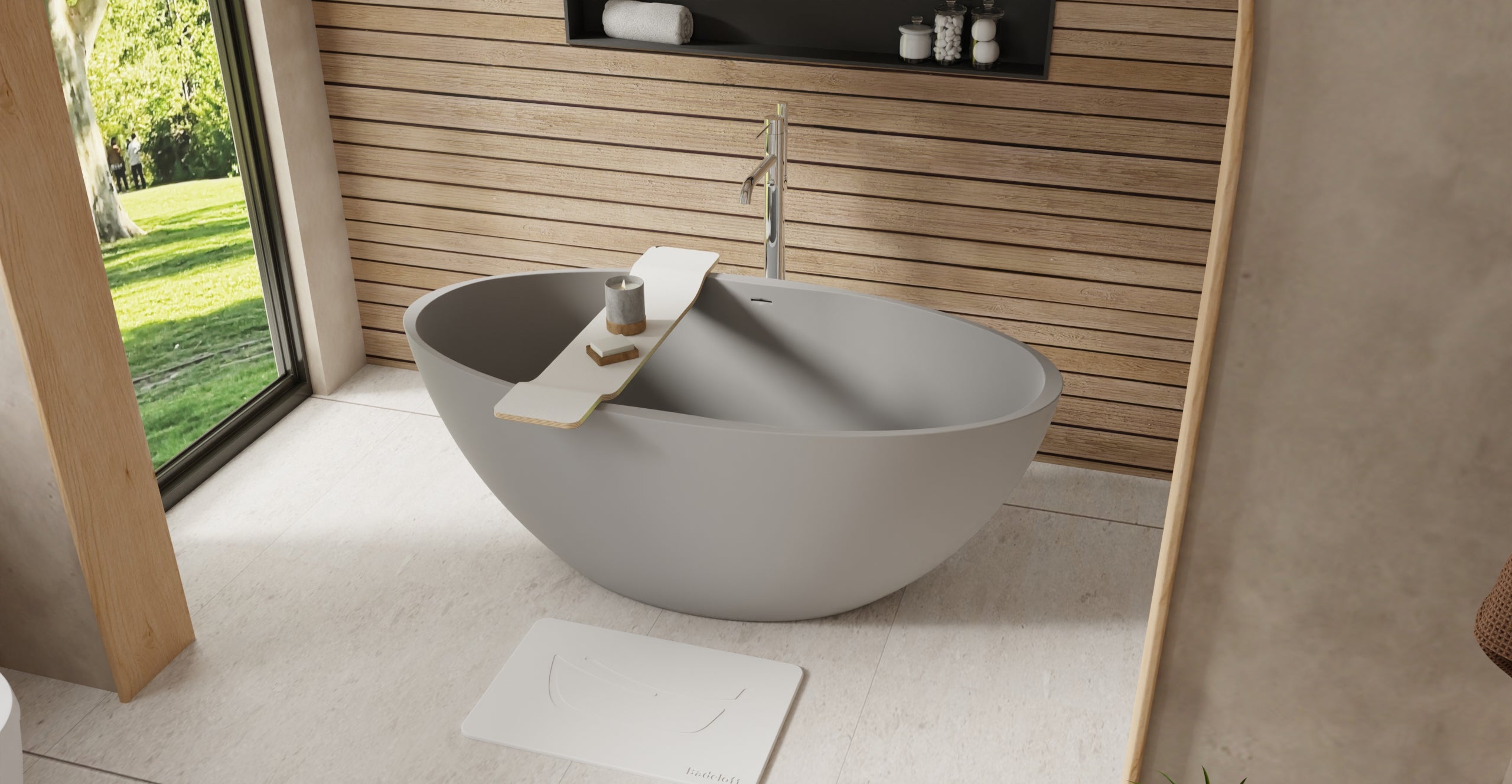 Badeloft BW-04-L-GRY matte grey freestanding bathtub, lifestyle view 3